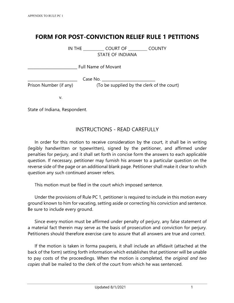 Form For Post-Conviction Relief Rule 1 Petitions | Pdf Fpdf Docx | Indiana