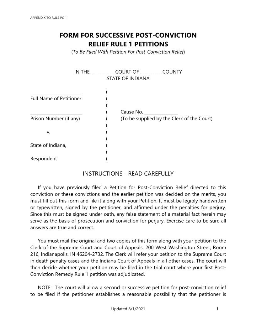 Form For Successive Post-Conviction Relief Rule 1 Petitions | Pdf Fpdf Docx | Indiana