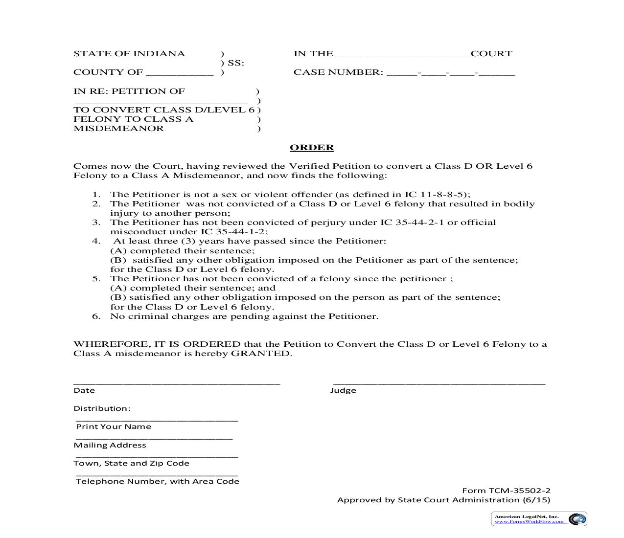 Order (To Convert Class D Felony To Class A Misdemeanor) {TCM-35502-2} | Pdf Fpdf Doc Docx | Indiana