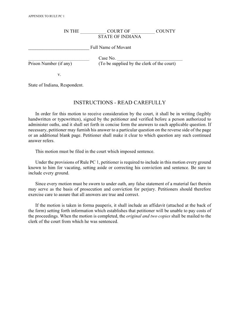 Petition For Post-Conviction Relief | Pdf Fpdf Doc Docx | Indiana