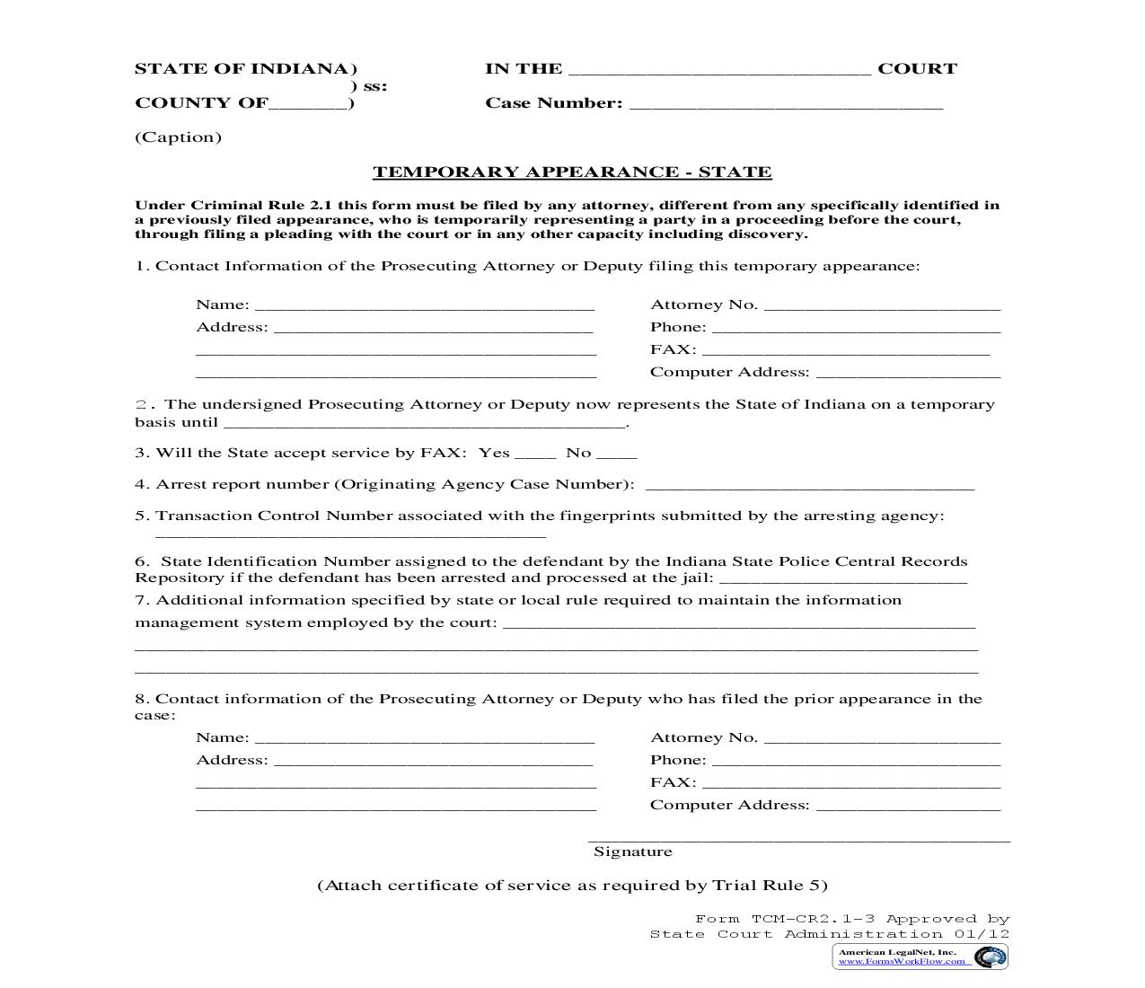 Temporary Appearance (Criminal) State | Pdf Fpdf Doc Docx | Indiana