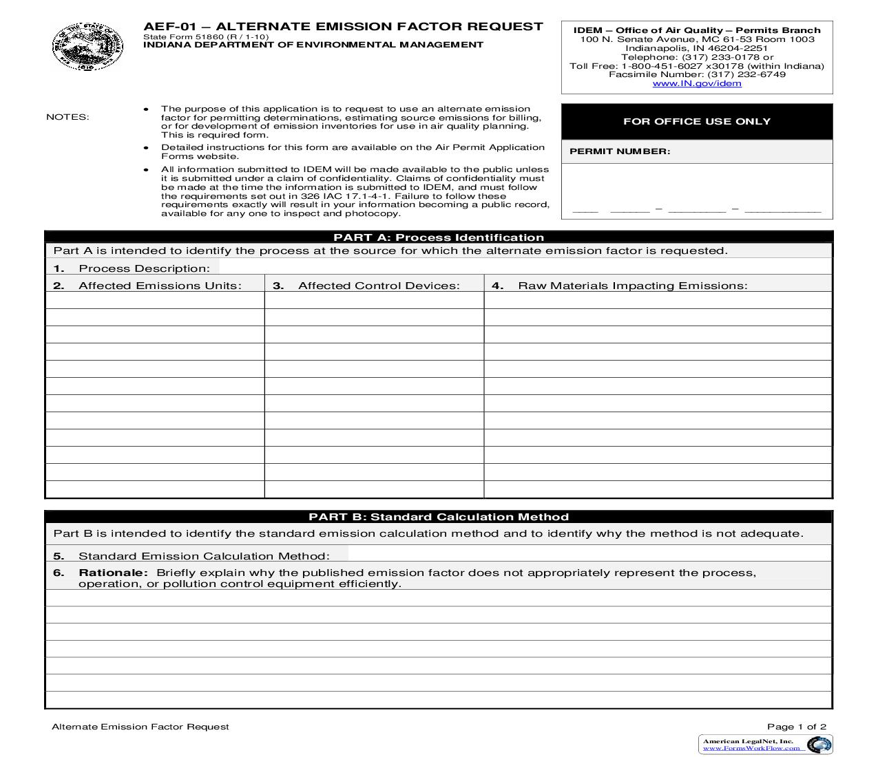 AEF-01 Alternate Emission Factor Request {51860} |  | Indiana