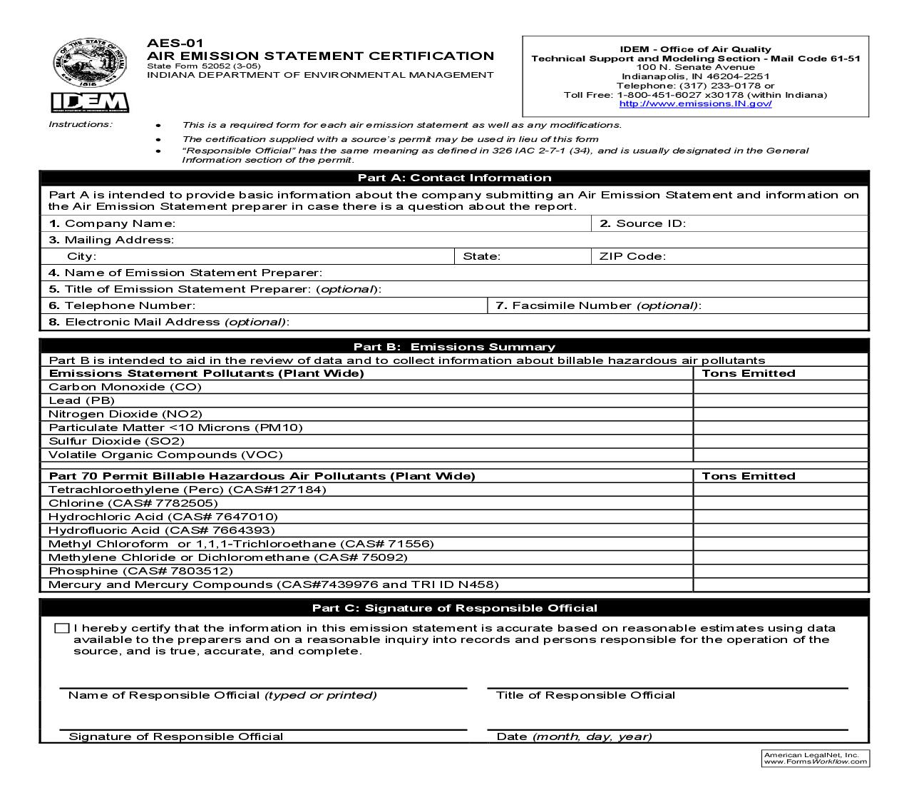 AES-01 Air Emission Statement Certification  {52052} |  | Indiana