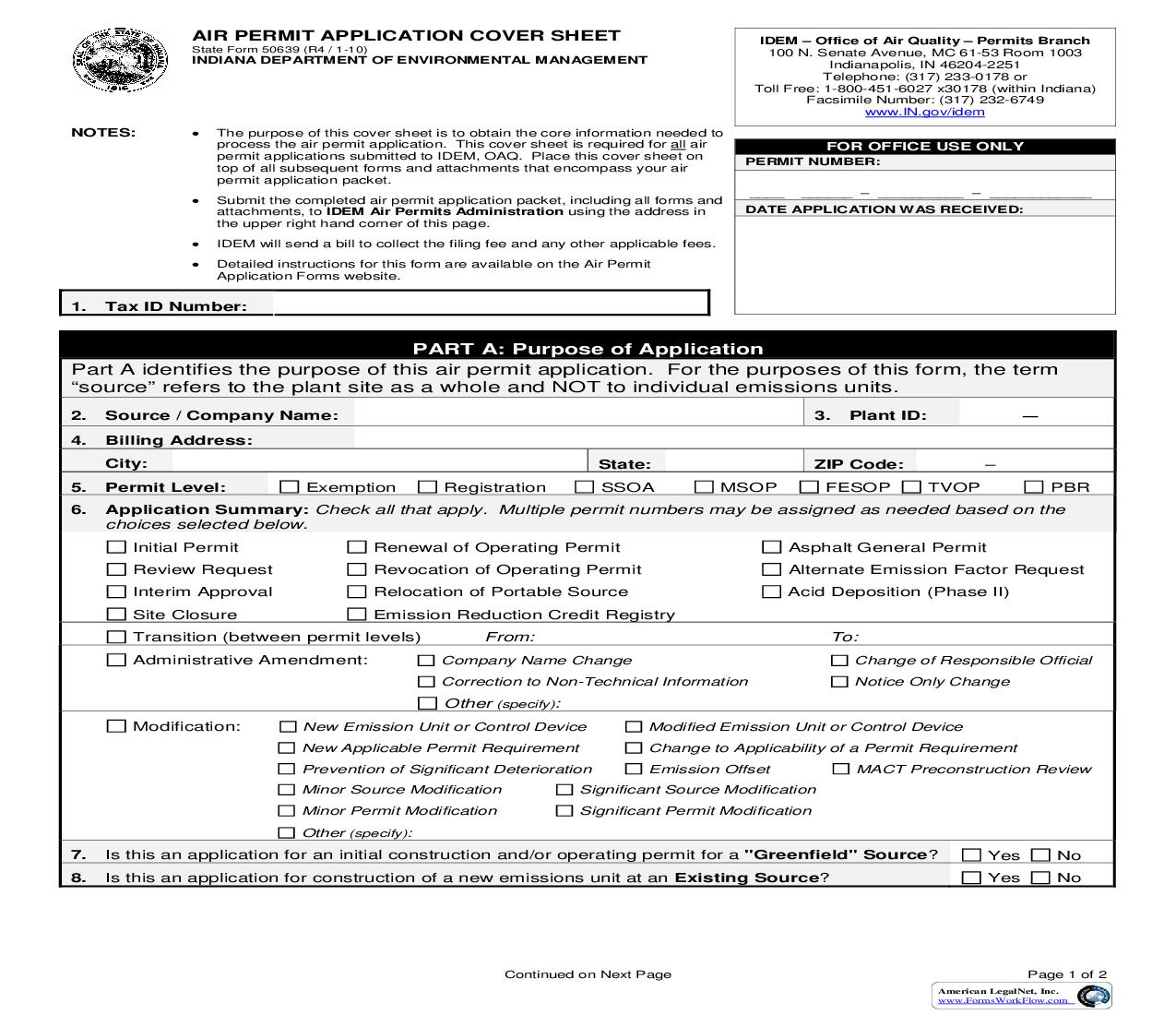 Air Permit Application Cover Sheet {50639} |  | Indiana