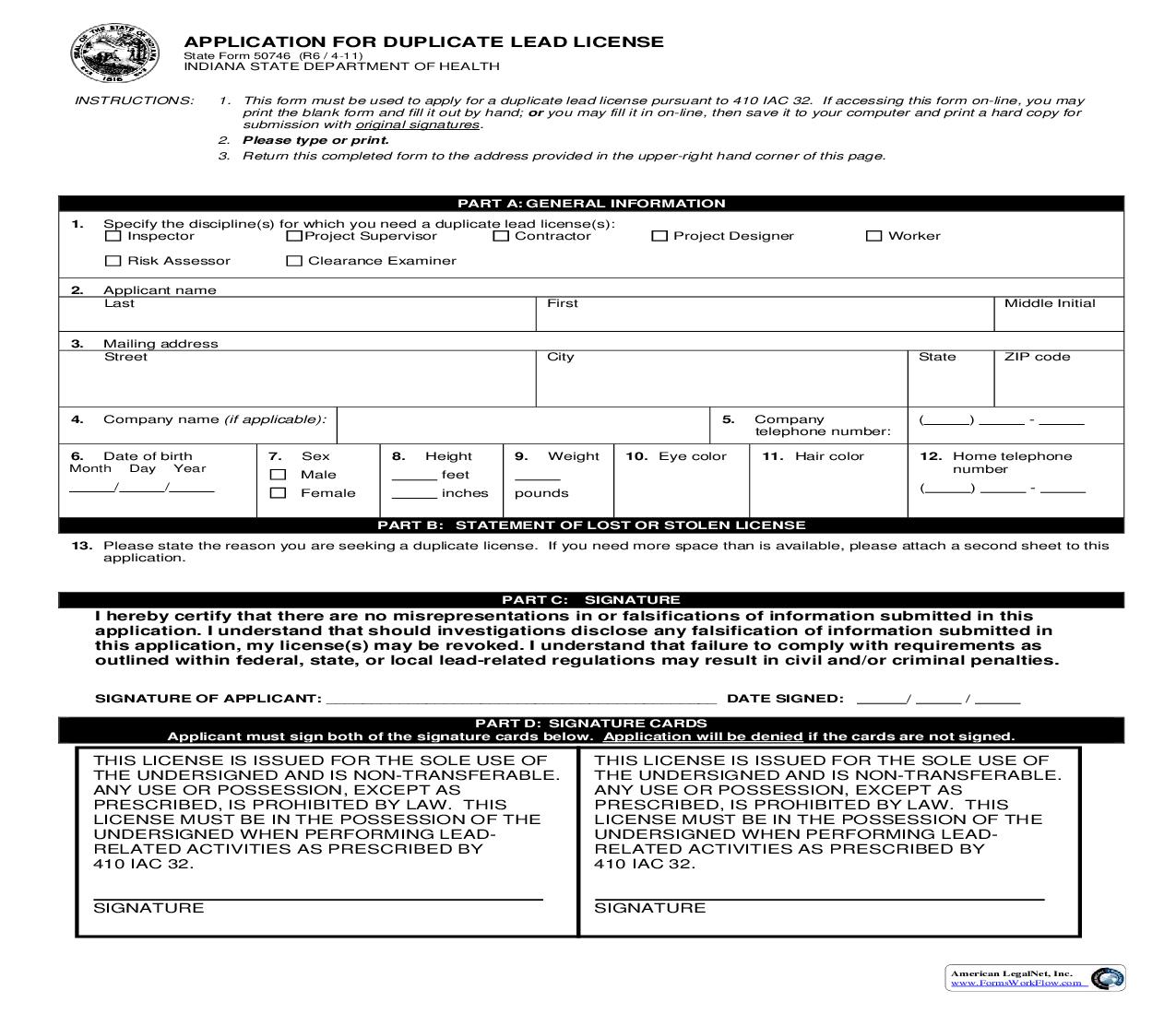 Application  For Duplicate Lead License {50746} |  | Indiana