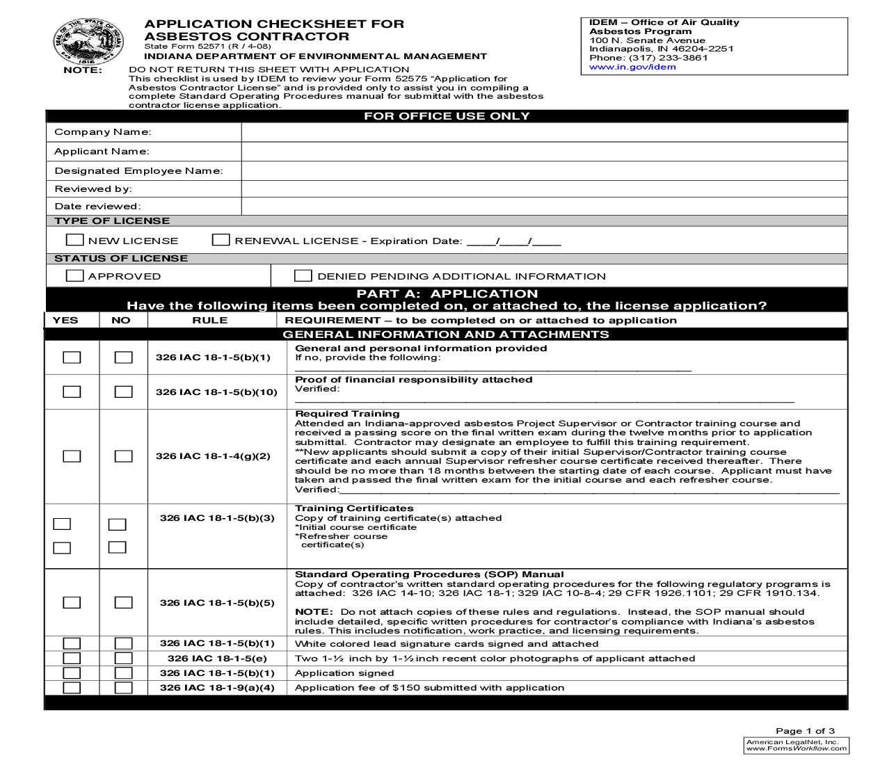Application Checksheet For Asbestos Contractor {52571} |  | Indiana