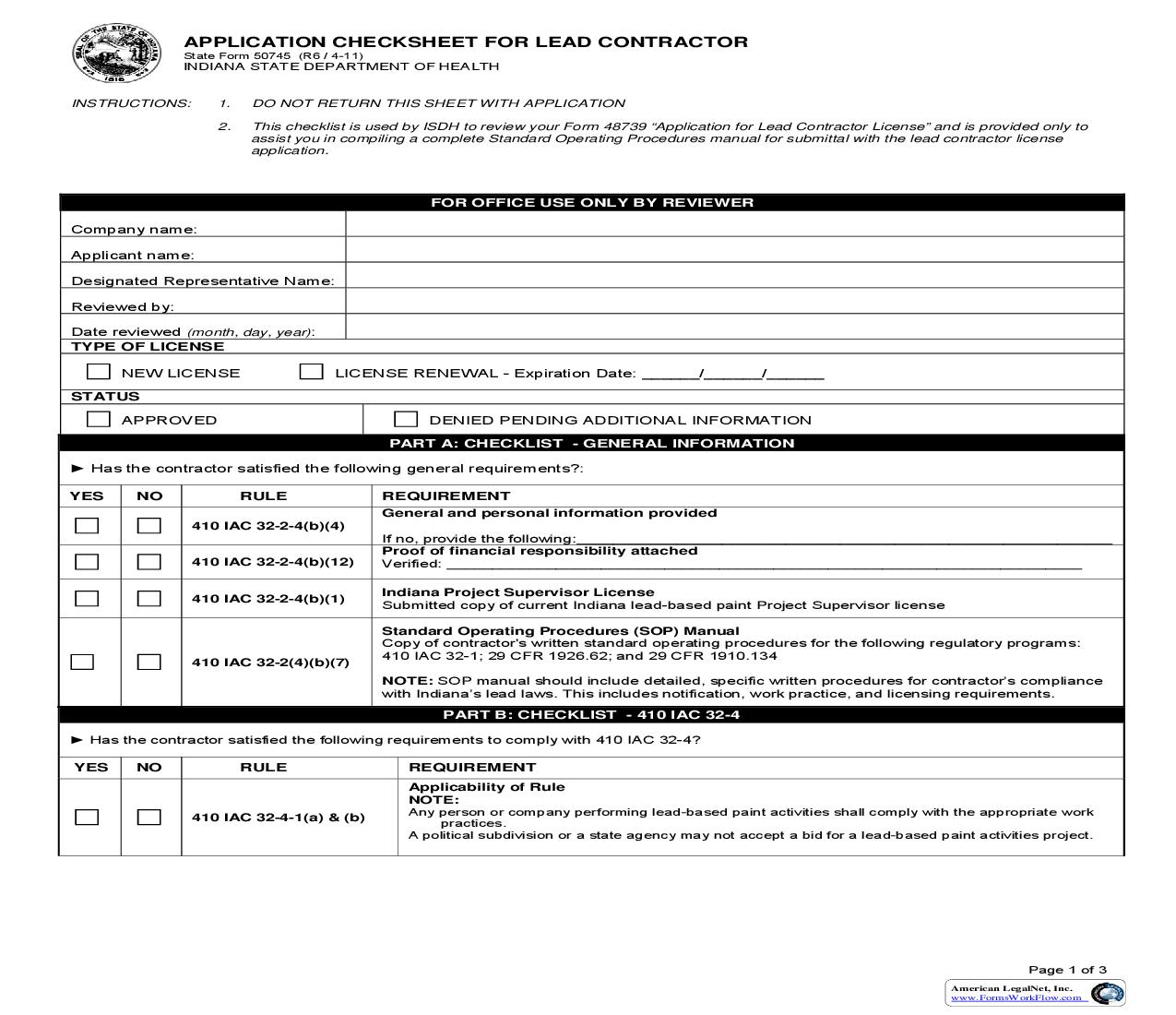 Application Checksheet For Lead Contractor {50745} |  | Indiana