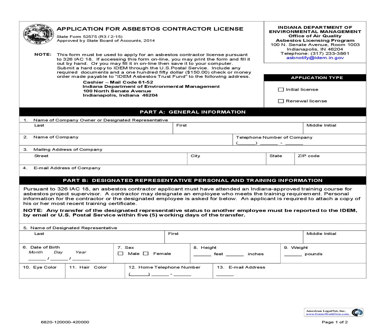 Application For Asbestos Contractor License {52575} |  | Indiana