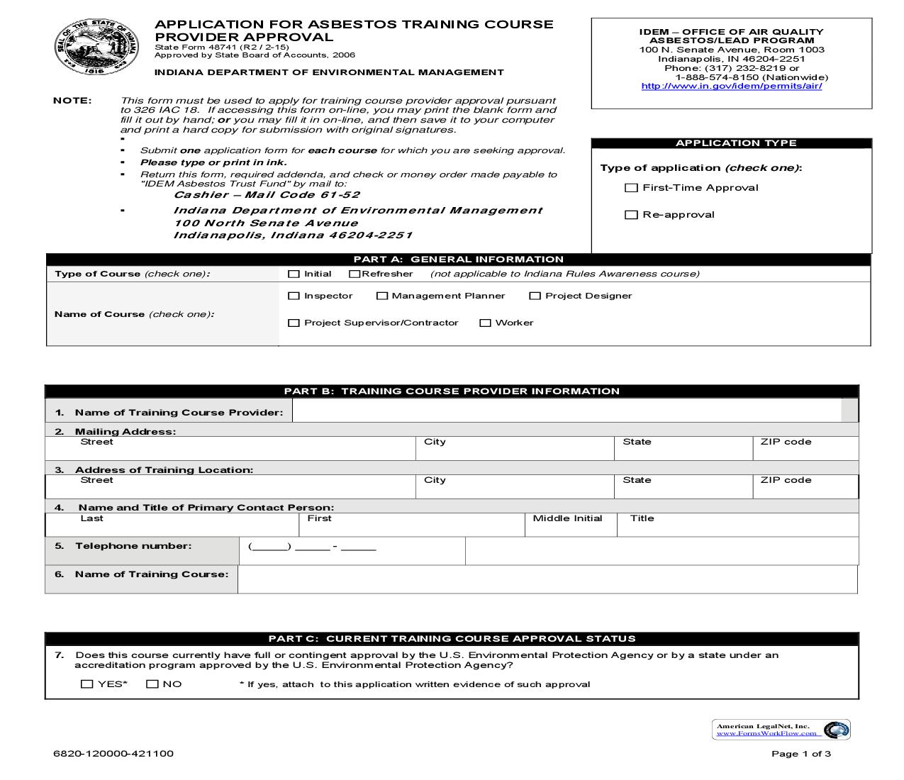 Application For Asbestos Training Course Provider Approval {48741} |  | Indiana