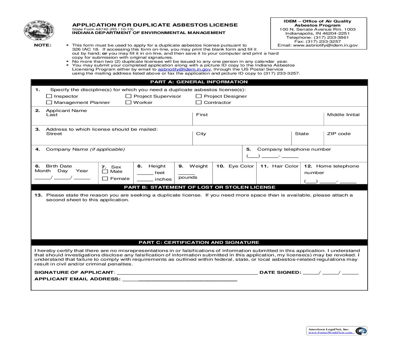 Application For Duplicate Asbestos License {48740} |  | Indiana