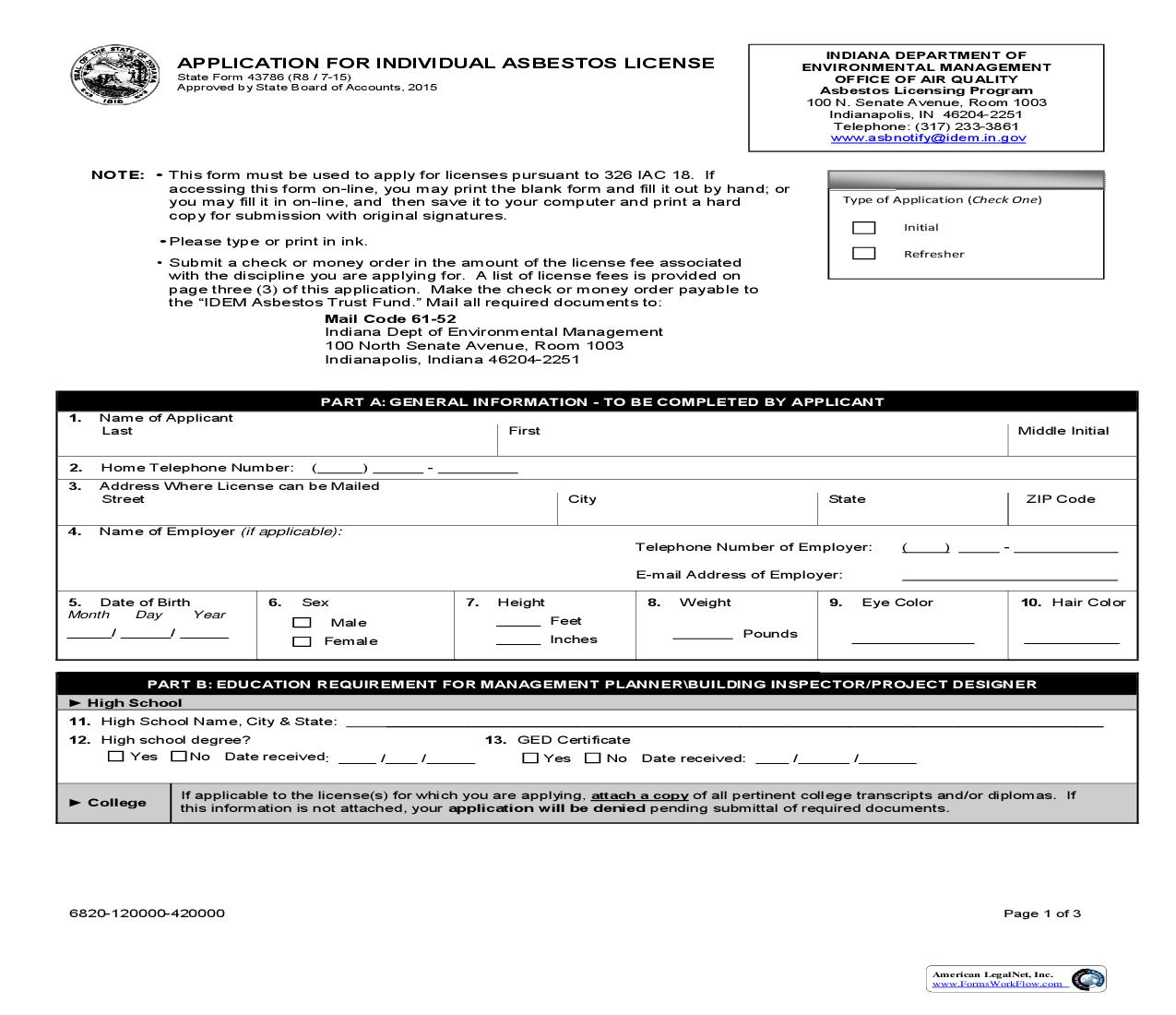 Application For Individual Asbestos License {43786} |  | Indiana