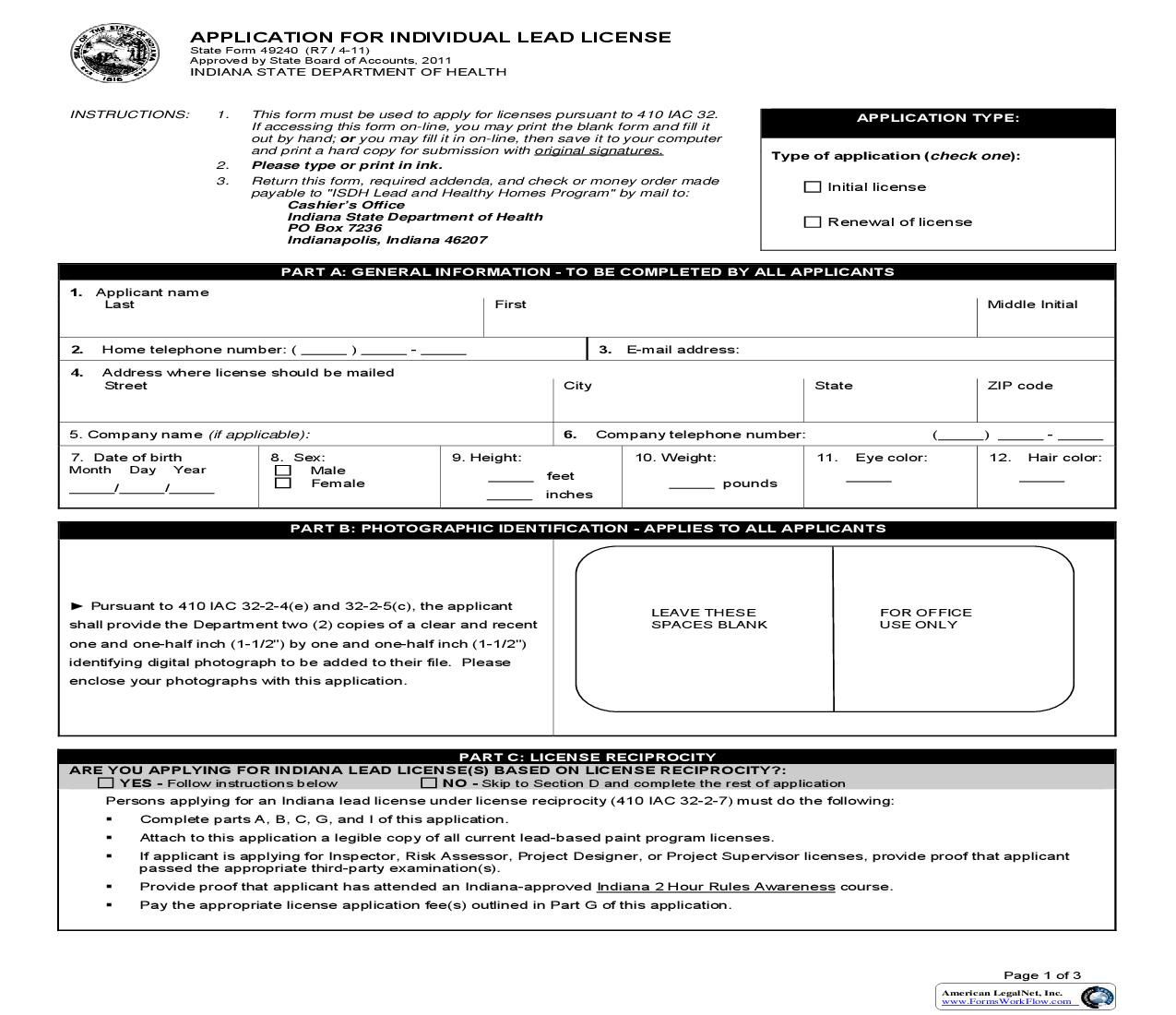 Application For Individual Lead License {49240} |  | Indiana
