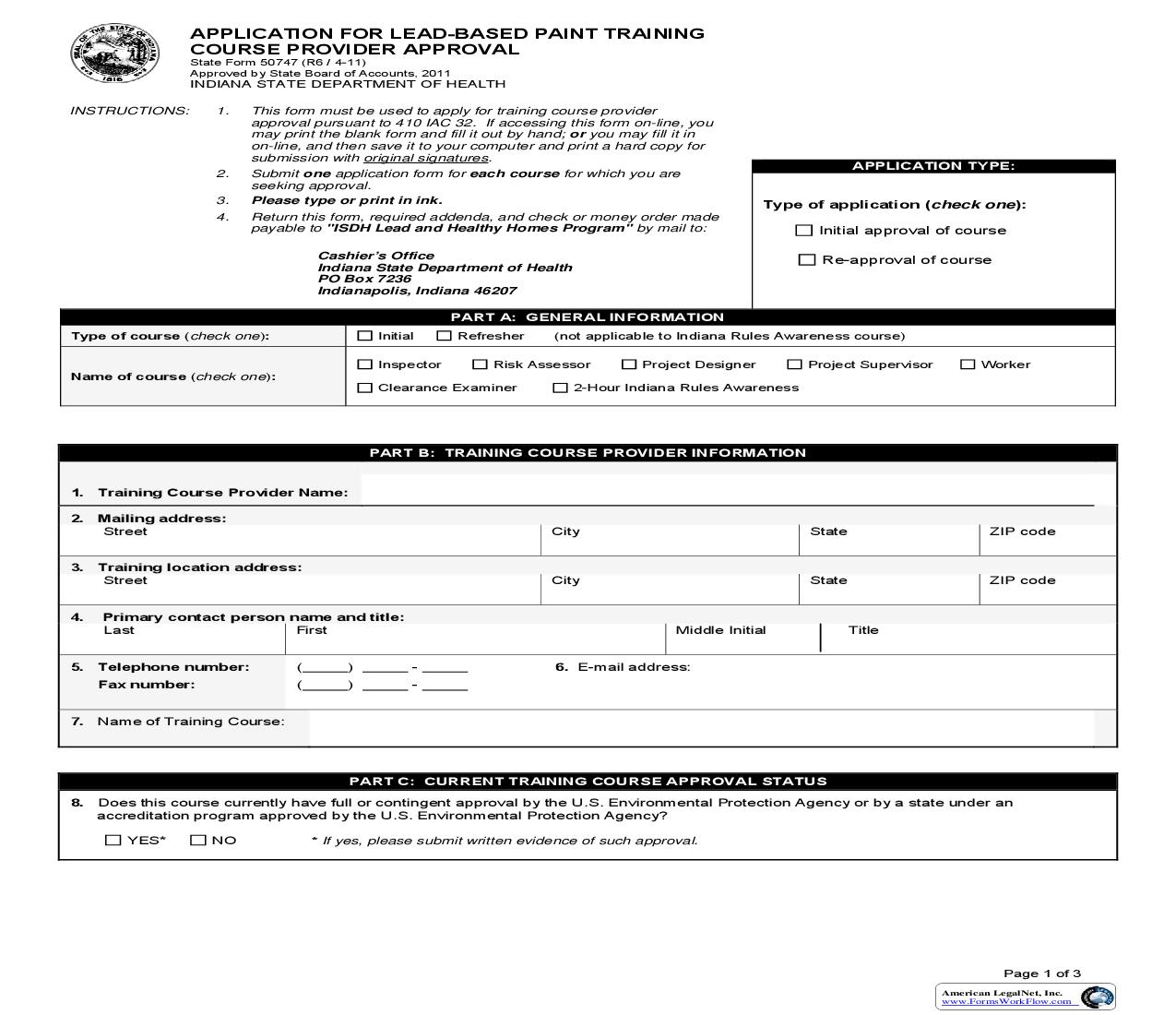 Application For Lead Based Paint Training Course Provider Approval {50747} |  | Indiana