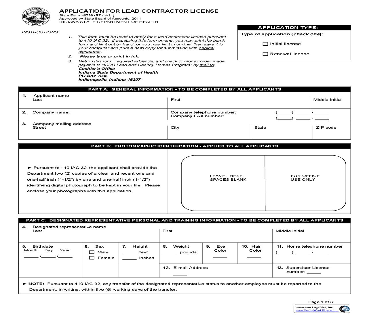 Application For Lead Contractor {48739} |  | Indiana
