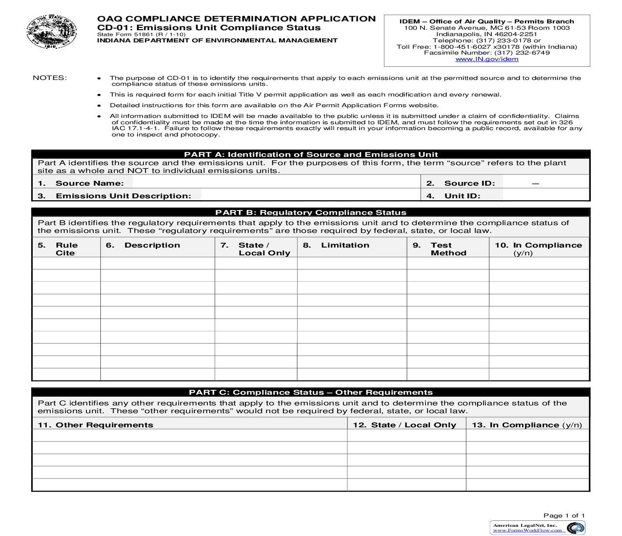CD-01 Emissions Unit Compliance Status  {51861} |  | Indiana