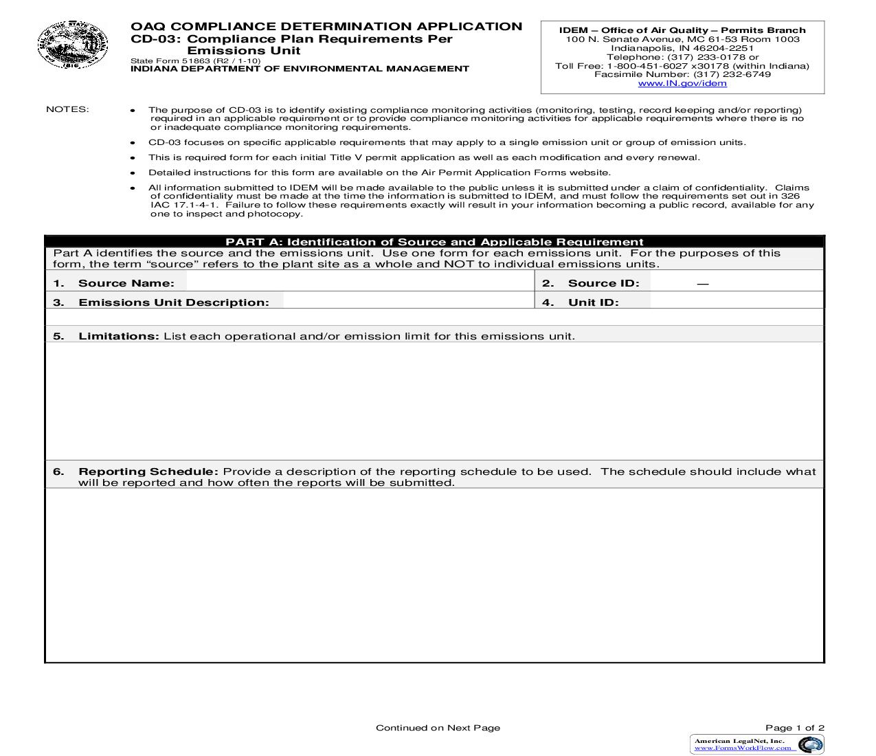 CD-03 Compliance Plan Requirements Per Emissions Unit {51863} |  | Indiana