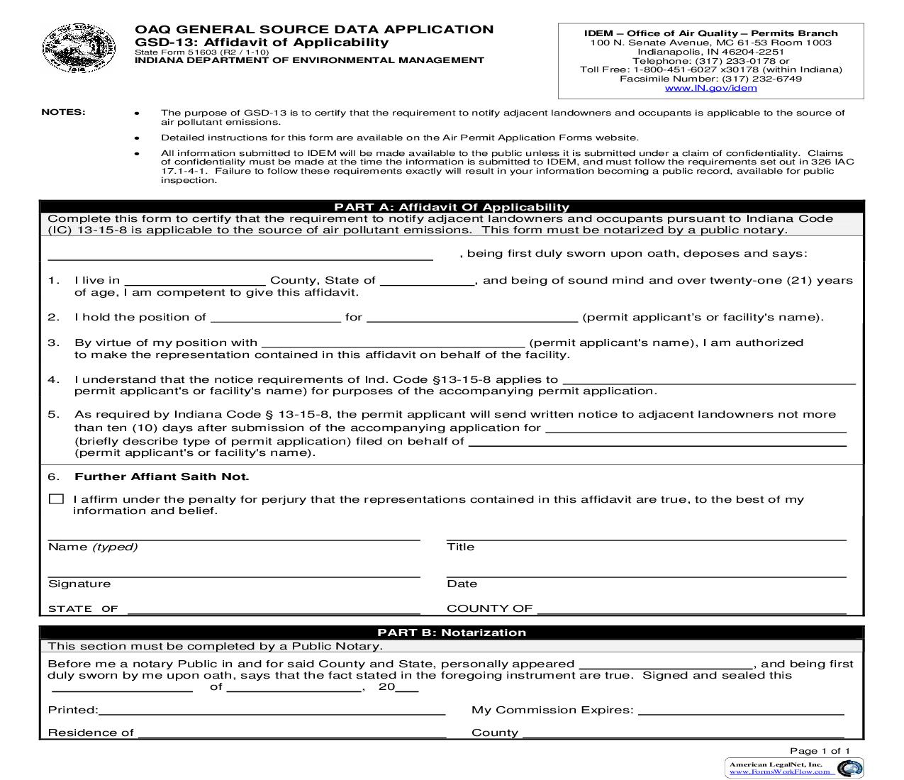 General Source Data Application GSD-13 Affidavit Of Applicability {51603} |  | Indiana