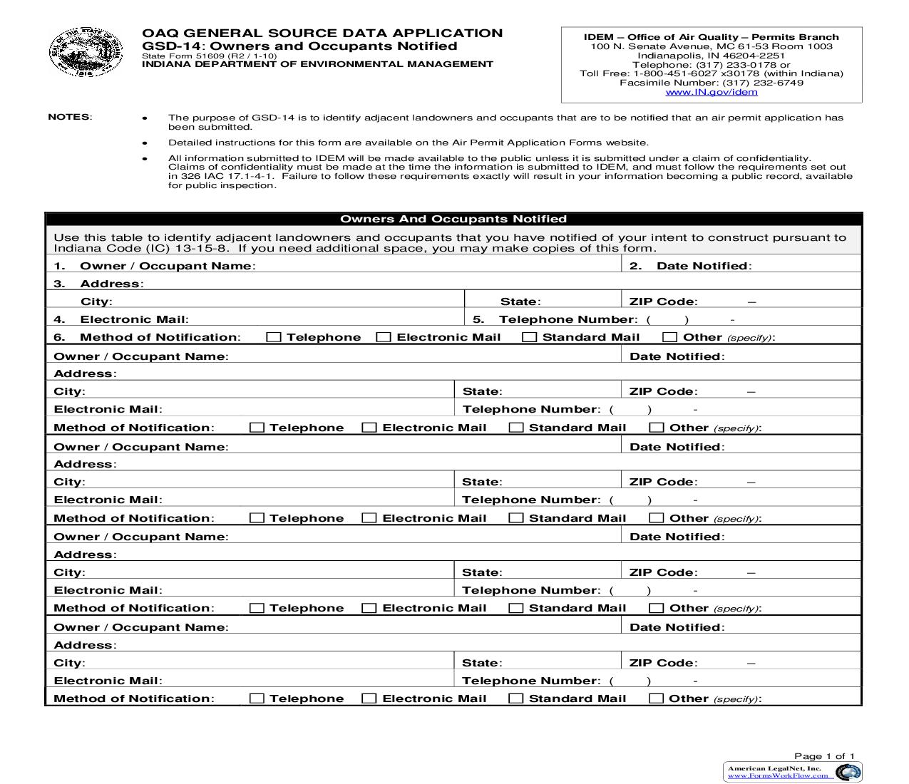 General Source Data Application GSD-14 Owners And Occupants Notified {51609} |  | Indiana