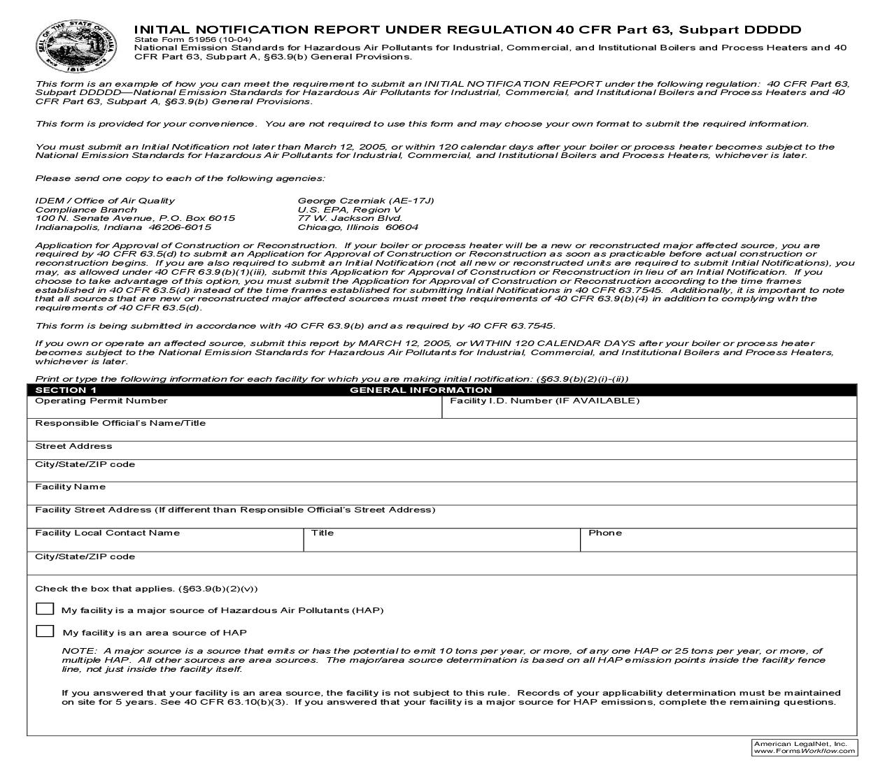 Inital Notification Report Under Regulation 40 CFR Part 63 Subpart DDDDD {51956} |  | Indiana