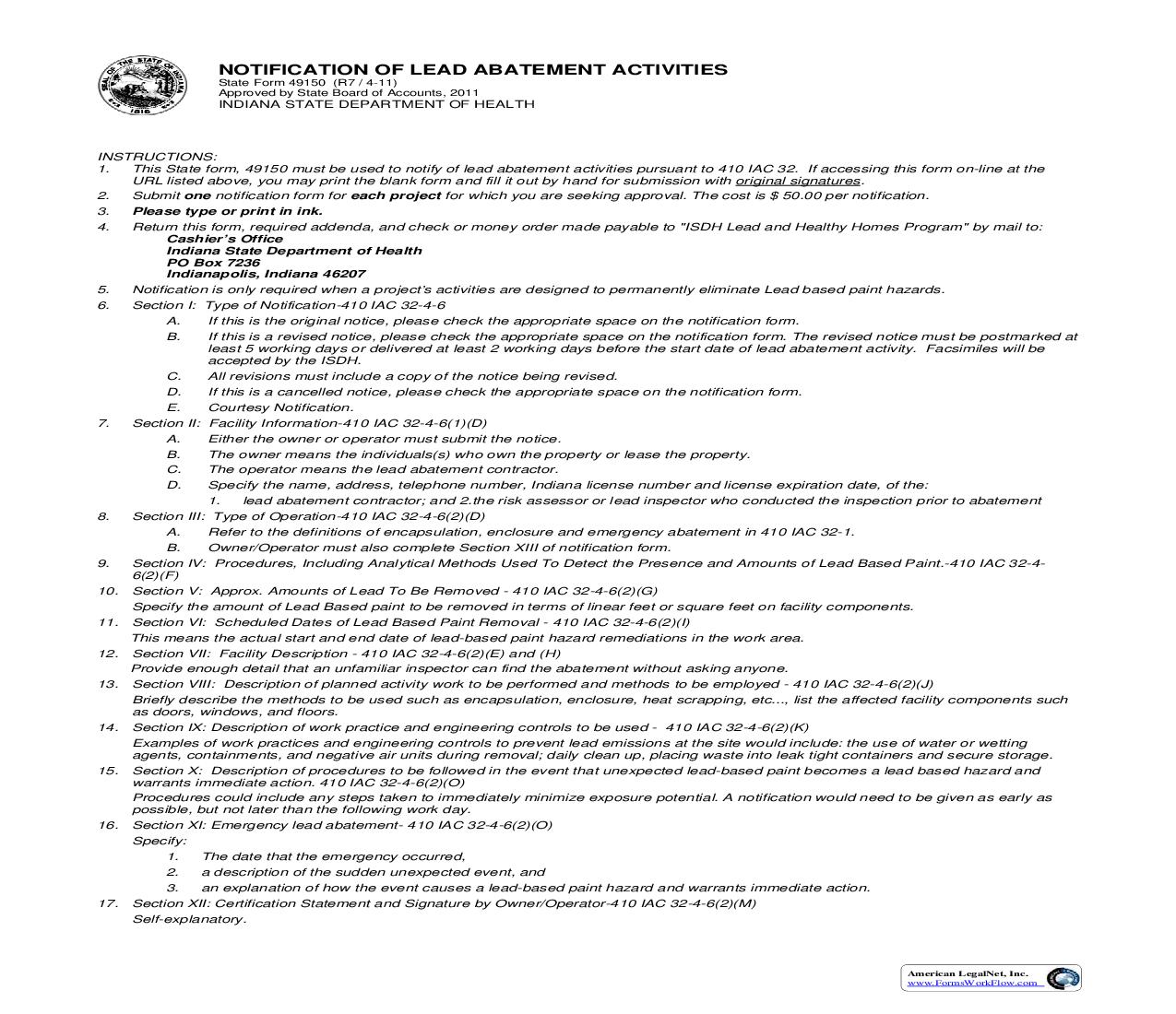 Notification Of Lead Abatement Activities {49150} |  | Indiana