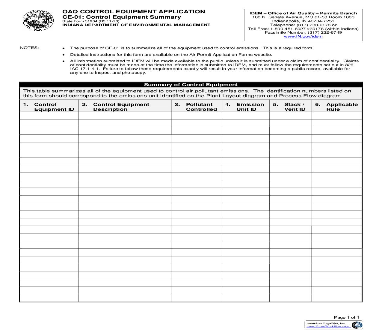 OAQ Control Equpiment Application CE-01 Control Equipment Summary {51904} |  | Indiana