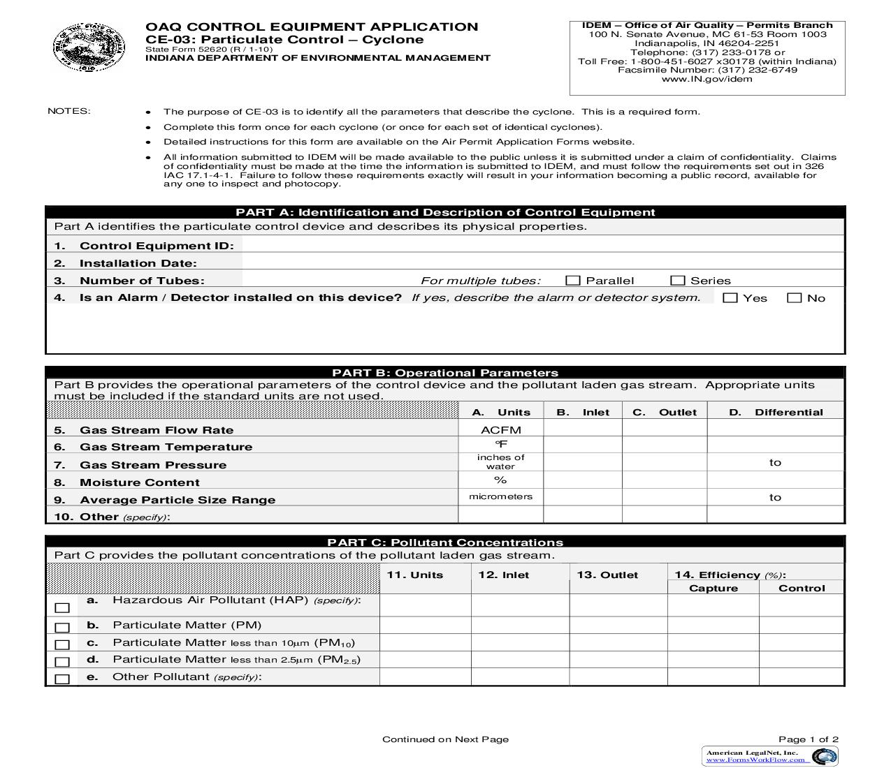 OAQ Control Equpiment Application CE-03 Particulate Control Cyclone {52620} |  | Indiana