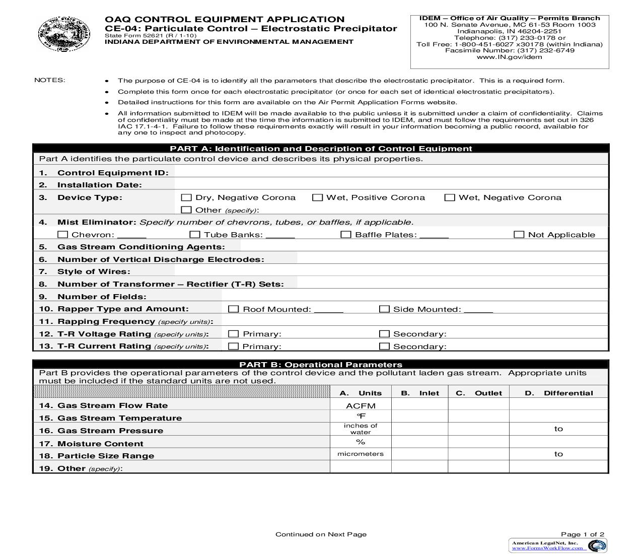 OAQ Control Equpiment Application CE-04 Particulate Control Electrostatic Precipitator{52621} |  | Indiana