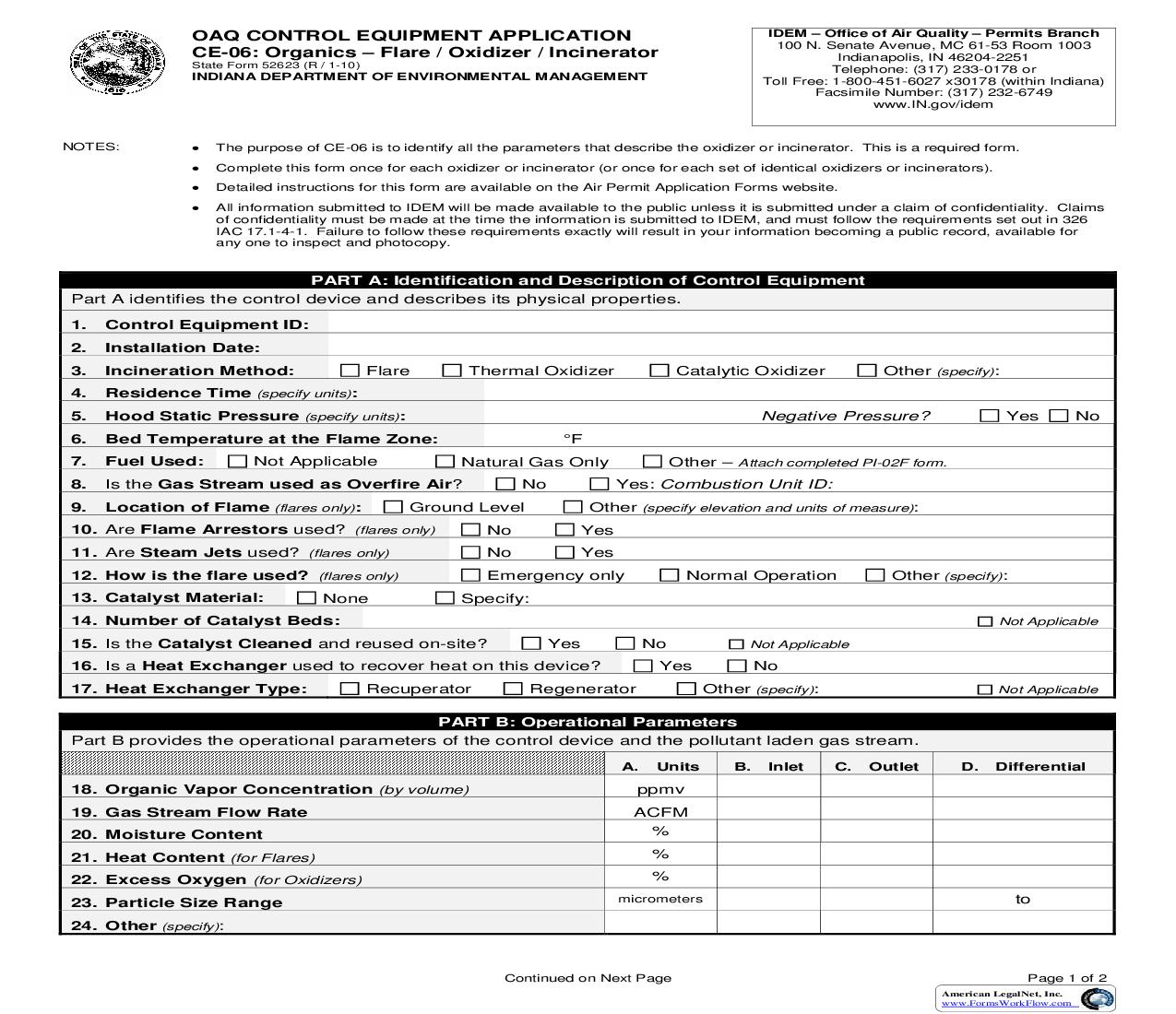 OAQ Control Equpiment Application CE-06 Organics Flare Oxidizer Incinerator {52623} |  | Indiana