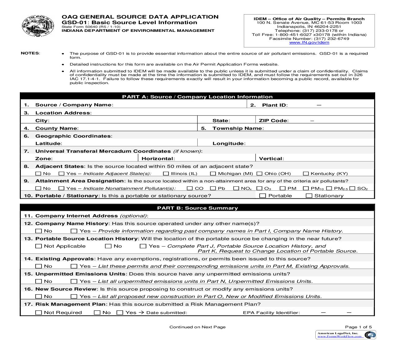 OAQ General Source Data Application GSD-01 Basic Source level Information {50640} |  | Indiana
