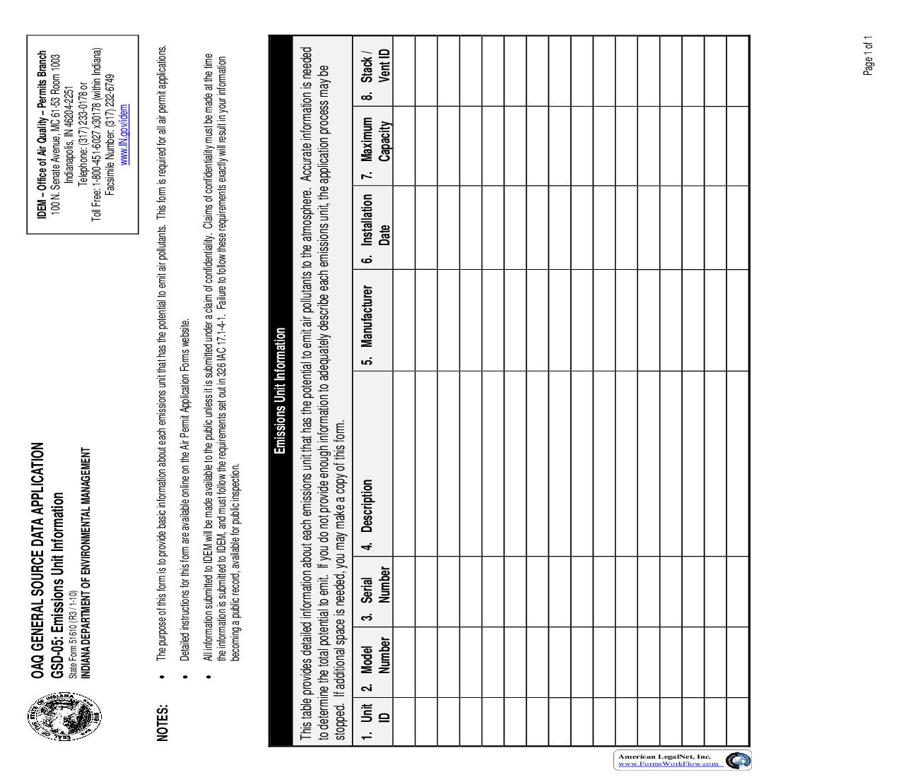 OAQ General Source Data Application GSD-05 Emissions Unit Information {51610} |  | Indiana