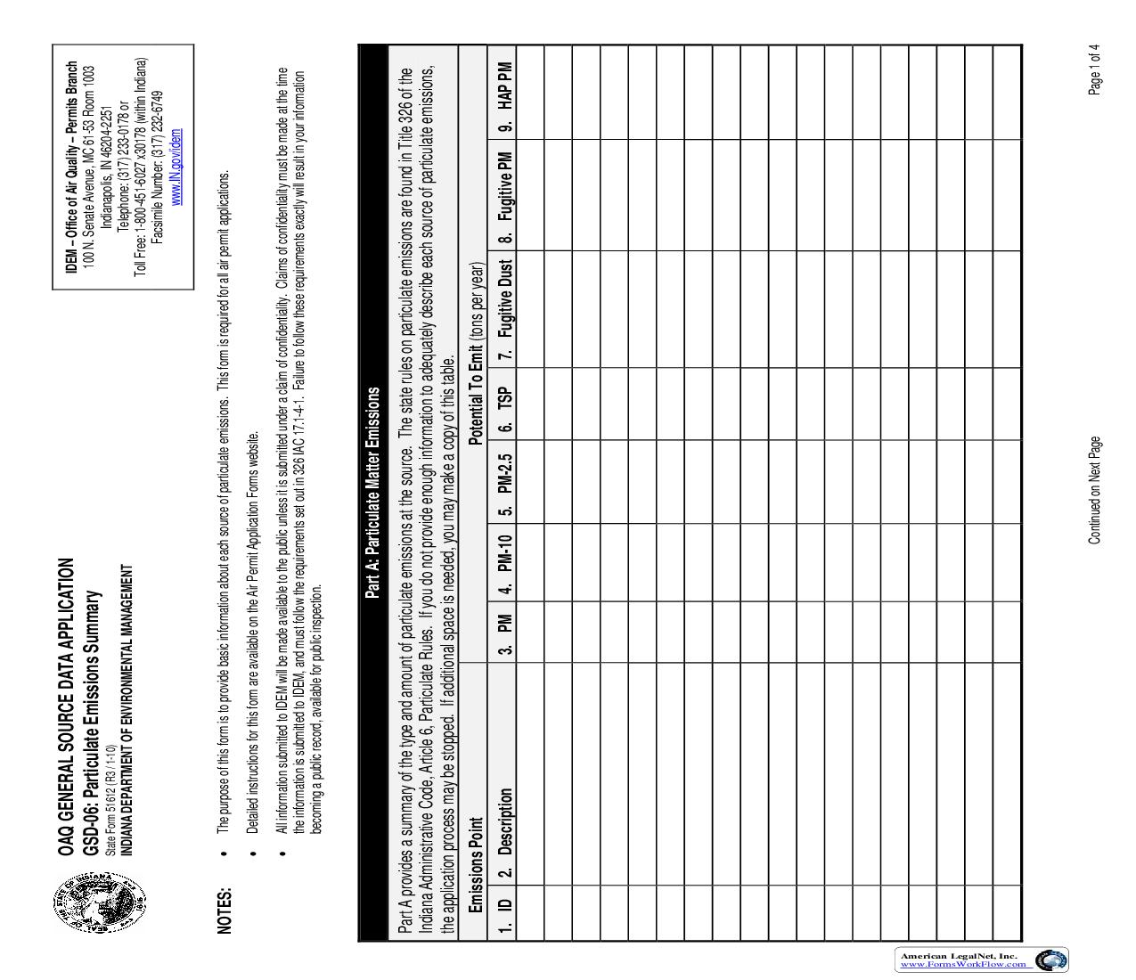 OAQ General Source Data Application GSD-06 Particulate Emissions Summary {51612} |  | Indiana