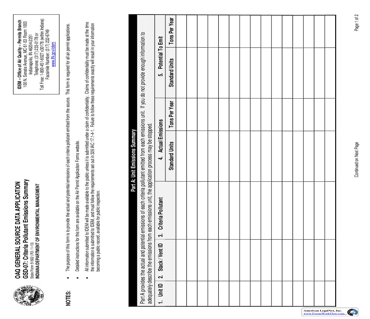 OAQ General Source Data Application GSD-07 Criteria Pollutant Emissions Summary {51602} |  | Indiana