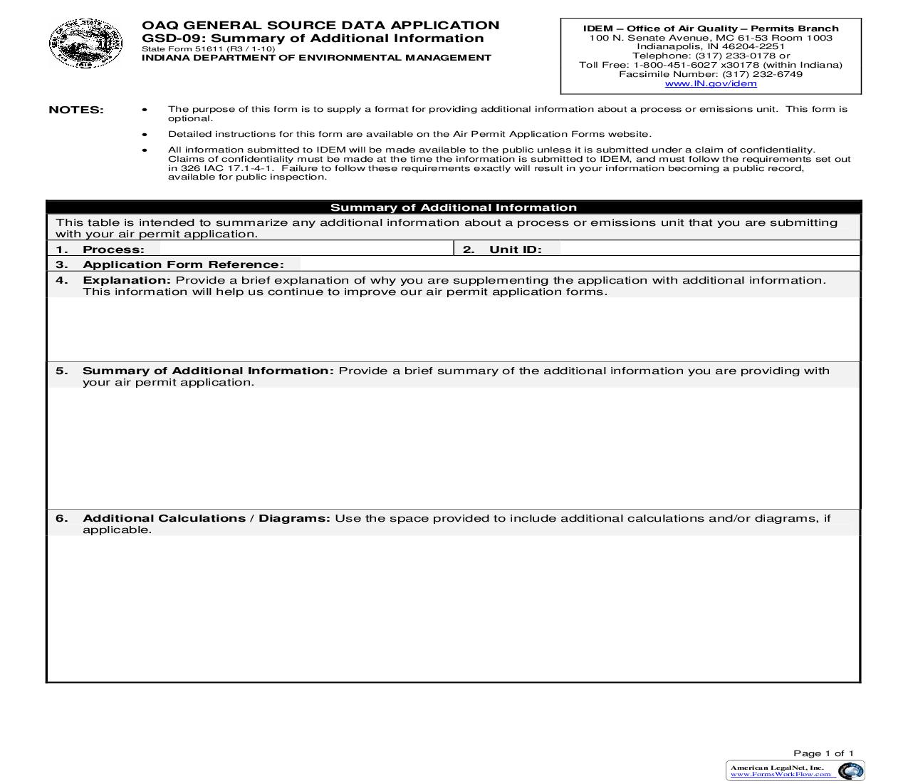 OAQ General Source Data Application GSD-09 Summary Of Additional Information{51611} |  | Indiana