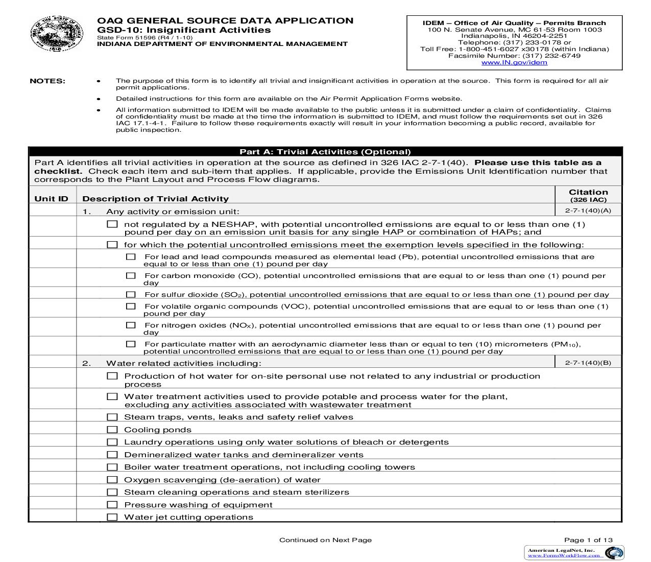 OAQ General Source Data Application GSD-10 Insignificant Activities {51596} |  | Indiana