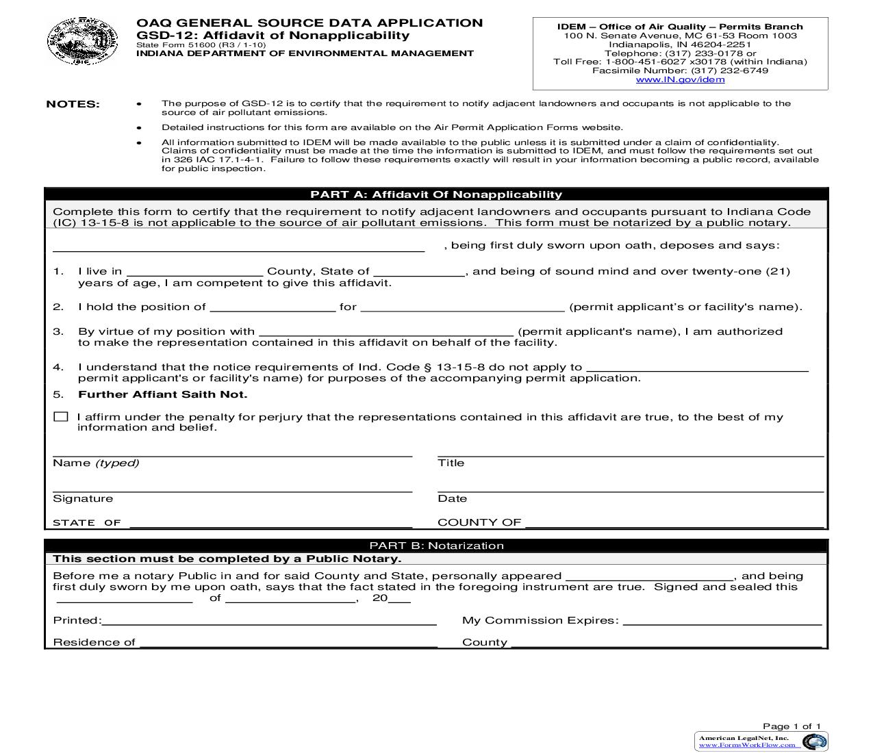OAQ General Source Data Application GSD-12 Affidavit Of Nonapplicability {51600} |  | Indiana