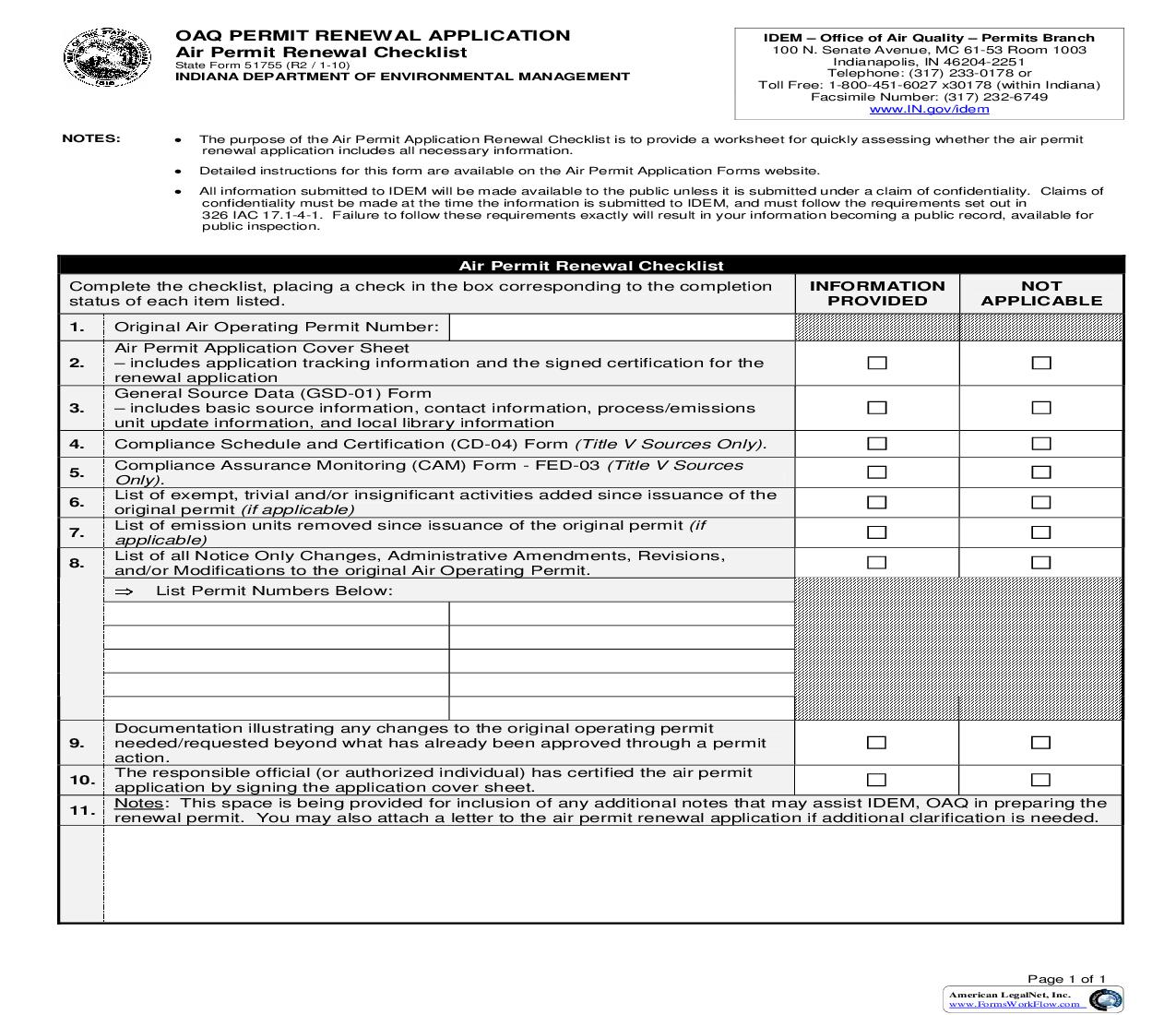 OAQ Permit Renewal Application Air Permit Renewal Checklist {51755} |  | Indiana