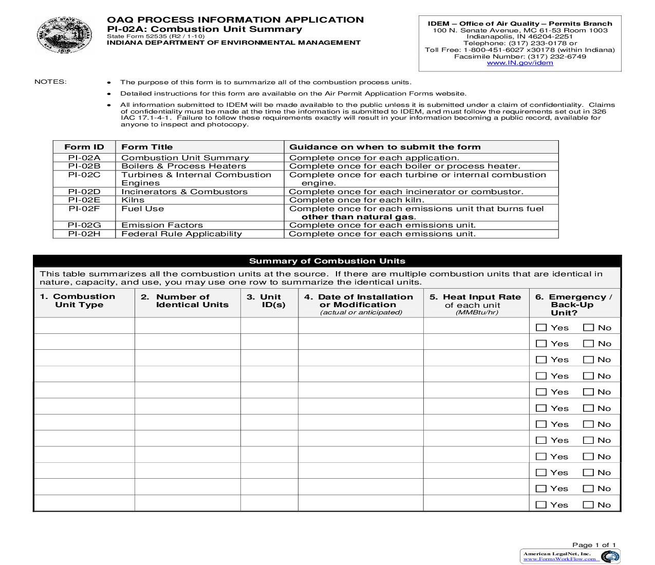 OAQ Process Information Application PI-02A Combustion Unit Summary {52535} |  | Indiana