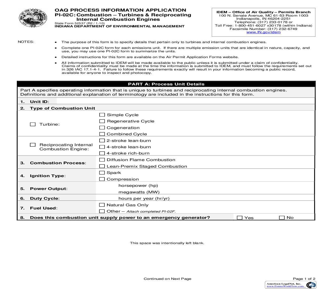 OAQ Process Information Application PI-02C Combustion Turbines Reciprocating Internal Engines {52537} |  | Indiana