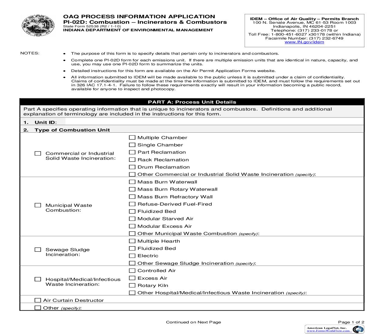 OAQ Process Information Application PI-02D Combustion Incinerators And Combustors {52538} |  | Indiana