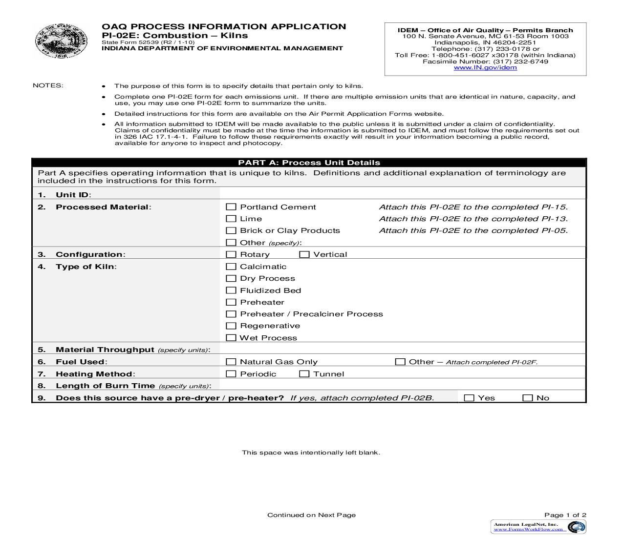 OAQ Process Information Application PI-02E Combustion Kilns {52539} |  | Indiana