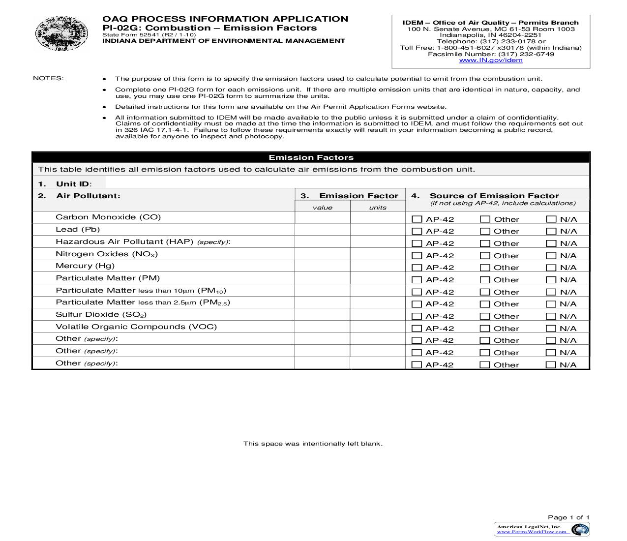 OAQ Process Information Application PI-02G Combustion Emission Factors {52541} |  | Indiana