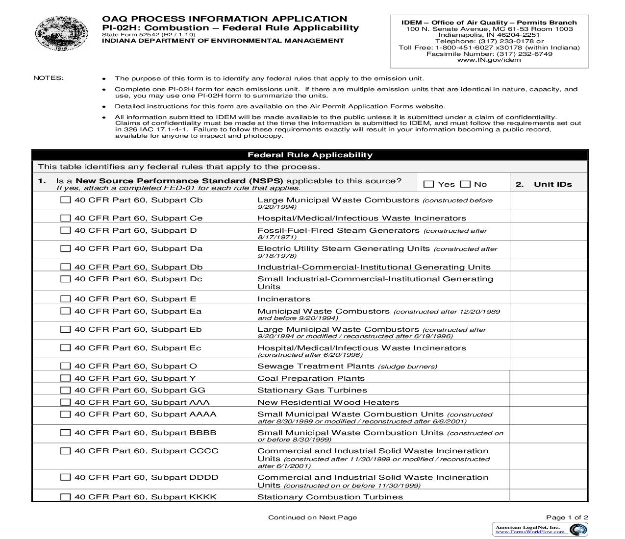 OAQ Process Information Application PI-02H Combustion Federal Rule Applicability {52542} |  | Indiana
