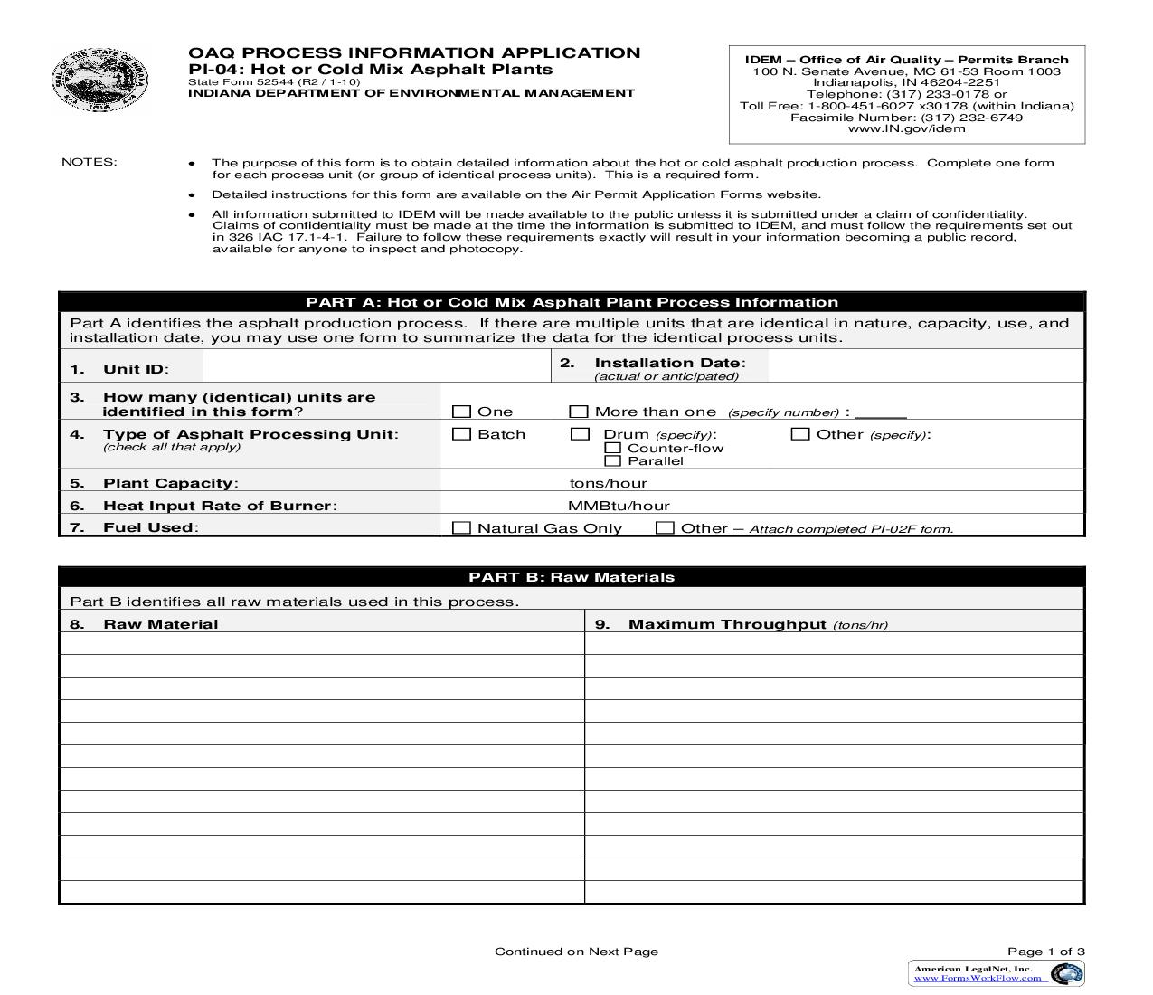 OAQ Process Information Application PI-04 Hot Or Cold Mix Asphalt Plants {52544} |  | Indiana