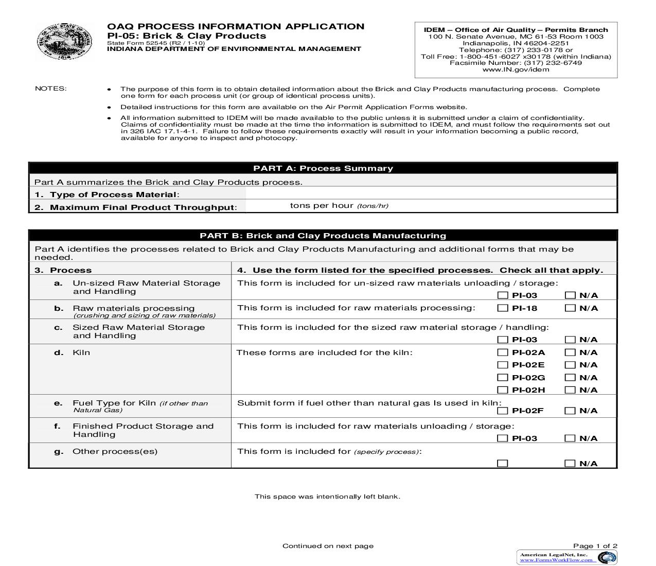 OAQ Process Information Application PI-05 Brick And Clay Products  {52545} |  | Indiana