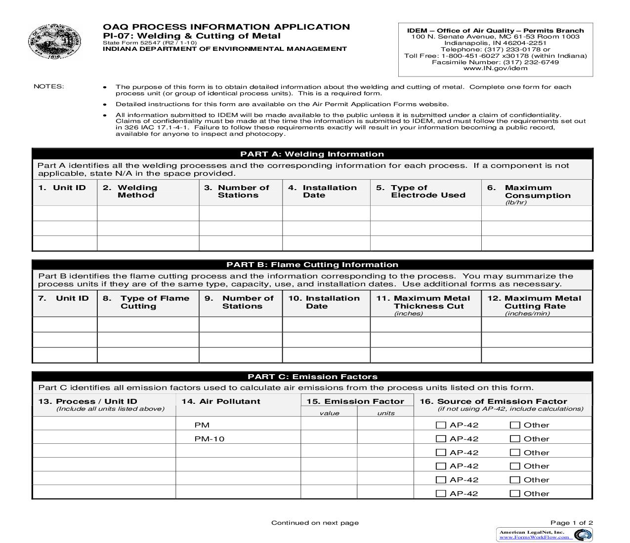 OAQ Process Information Application PI-07 Welding And Cutting Of Metal {52547} |  | Indiana