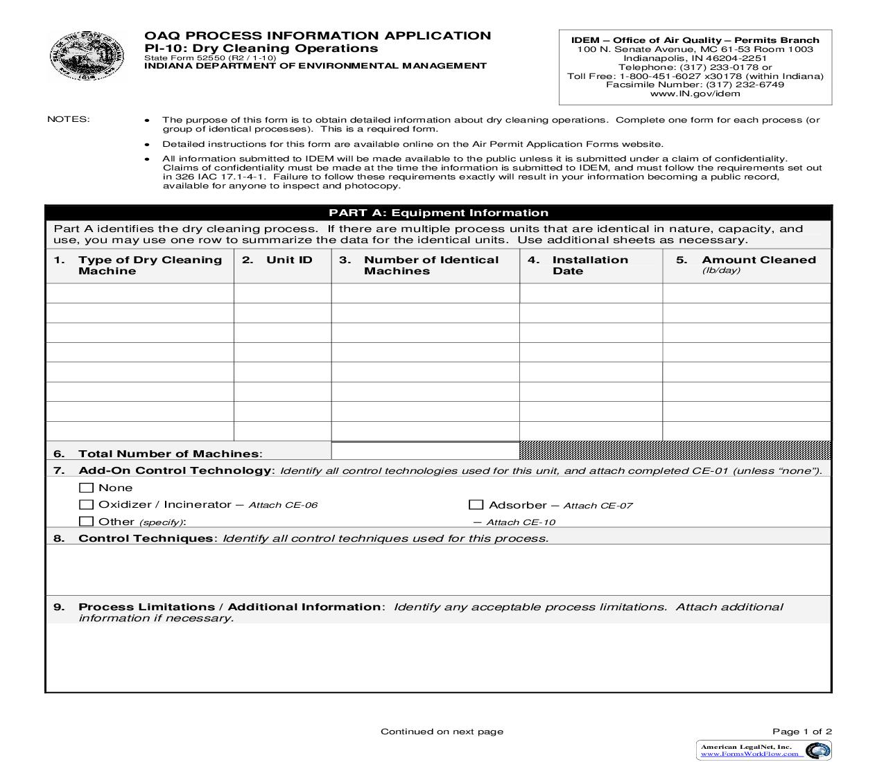 OAQ Process Information Application PI-10 Dry Cleaning Operations {52550} |  | Indiana