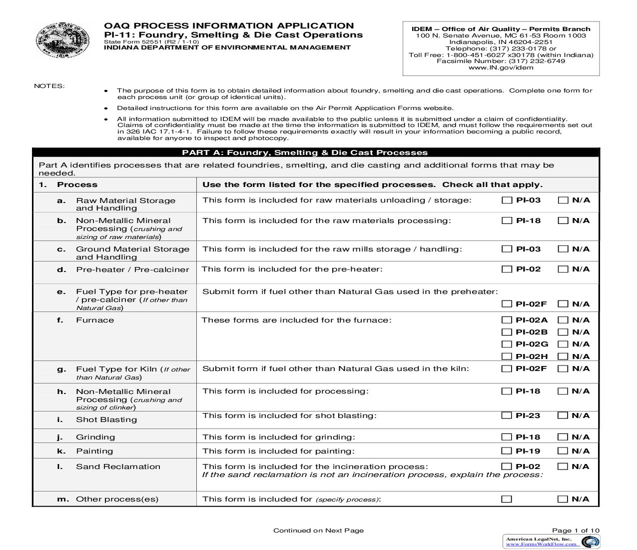 OAQ Process Information Application PI-11 Foundry Smelting And Die Cast Operations {52551} |  | Indiana