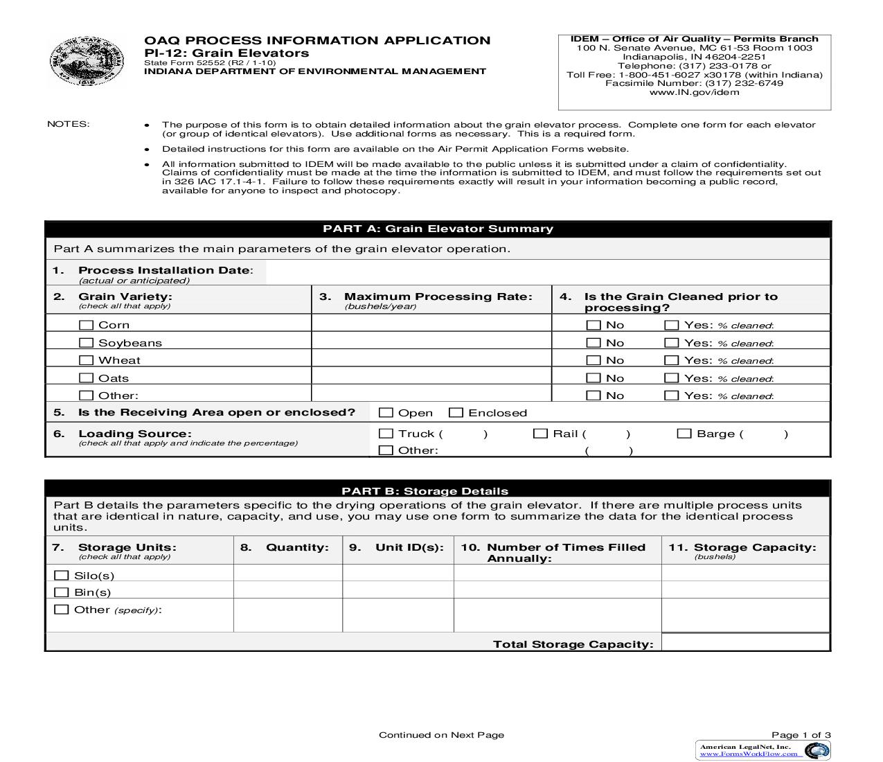 OAQ Process Information Application PI-12 Grain Elevators {52552} |  | Indiana