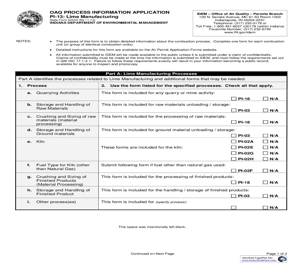 OAQ Process Information Application PI-13 Lime Manufacturing {52553} |  | Indiana