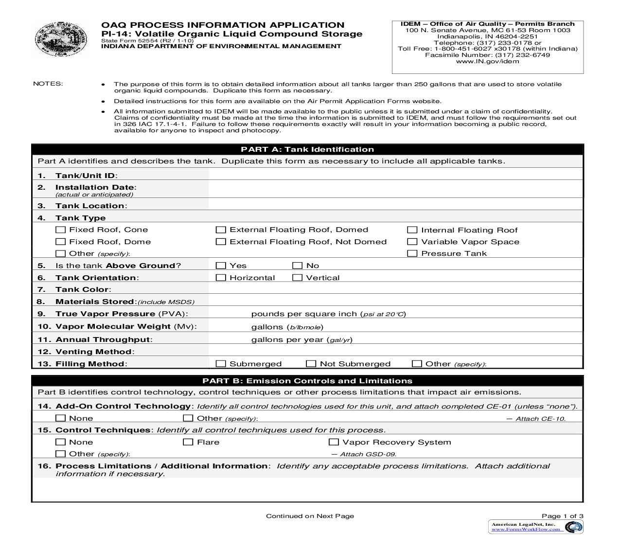 OAQ Process Information Application PI-14 Volatile Organic Liquid Compound Storage {52554} |  | Indiana